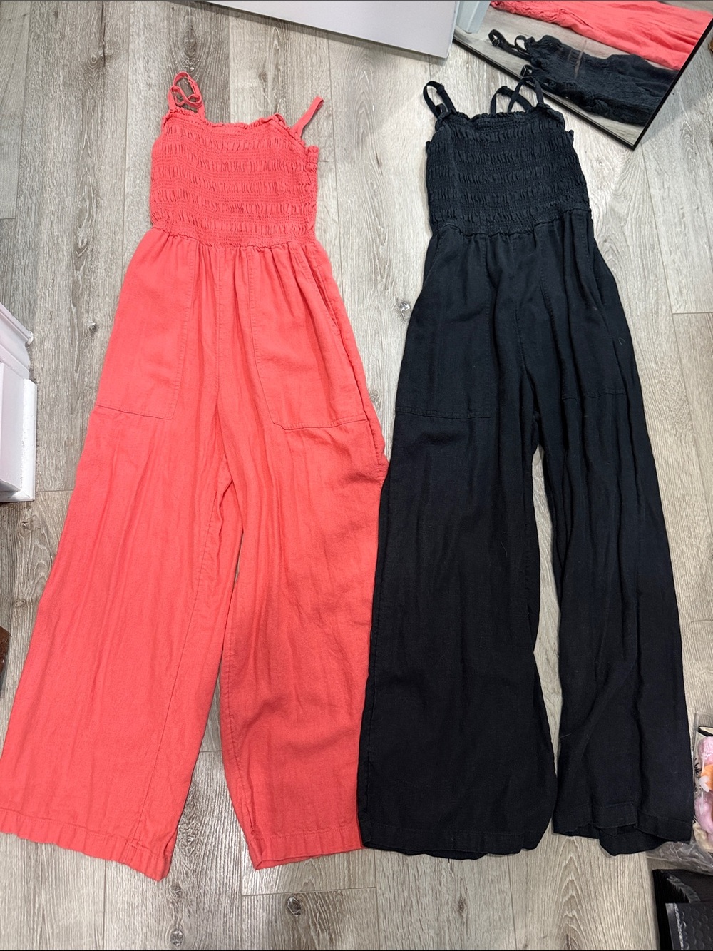 Universal Threads Women’s Wide-Leg Smocked Jumpsuit -Coral&Black Linen Lot of 2